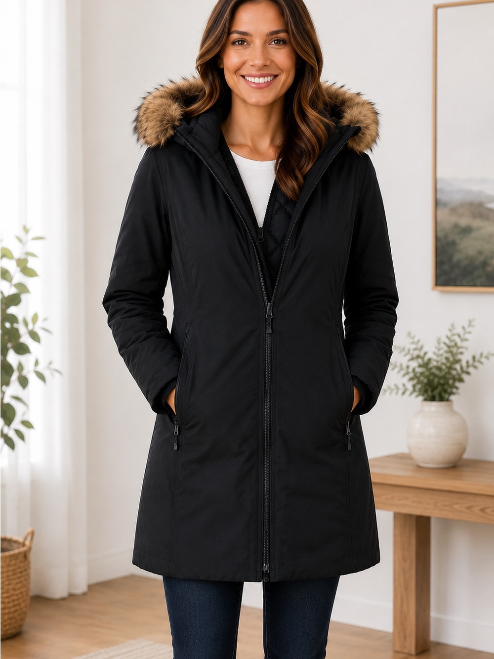 NEVER WORN Eddie Bauer Black Hooded Parka with Faux Fur Trim